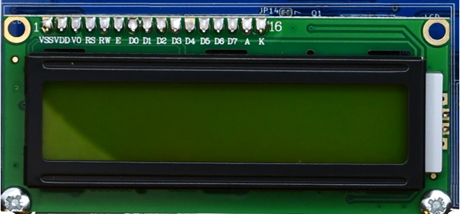 An LCD 1602 display module plugged into the 16 pins header of the IoT Proto Shield Plus 