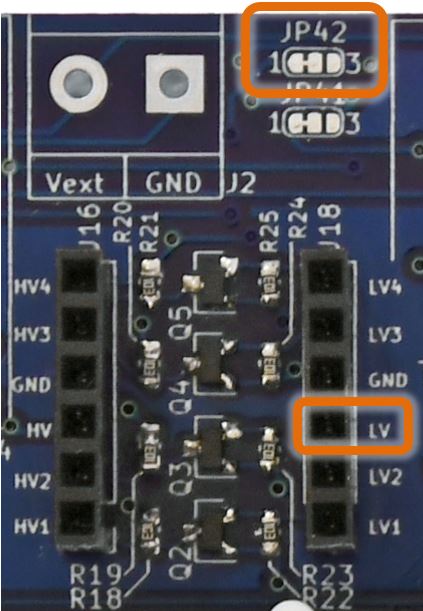 JP42 and J18 pin#3 of the Level Shifter section of the IoT Proto Shield Plus