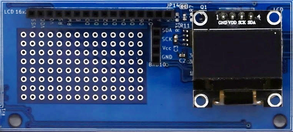 An I2C SSD1306 128x64 OLED display module plugged into BRD9 header of the IoT Proto Shield Plus 
