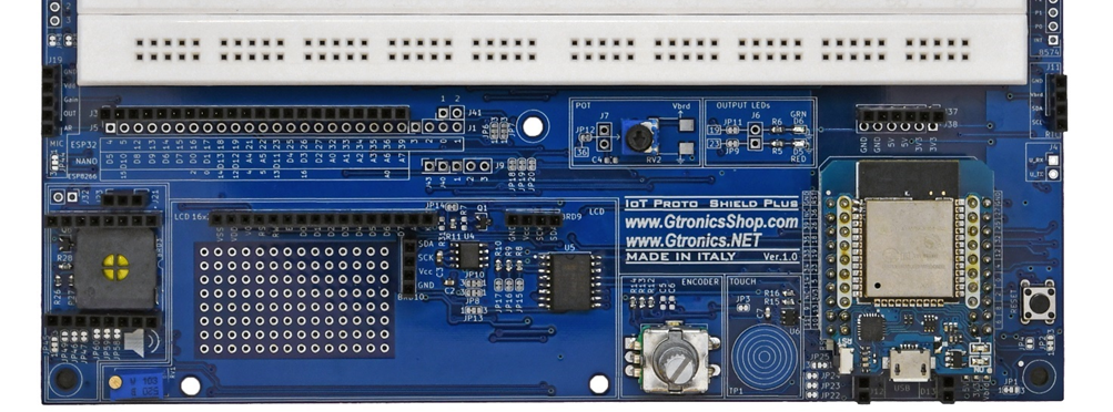 The ESP32 mini D1 plugged into the IoT Proto Shield Plus