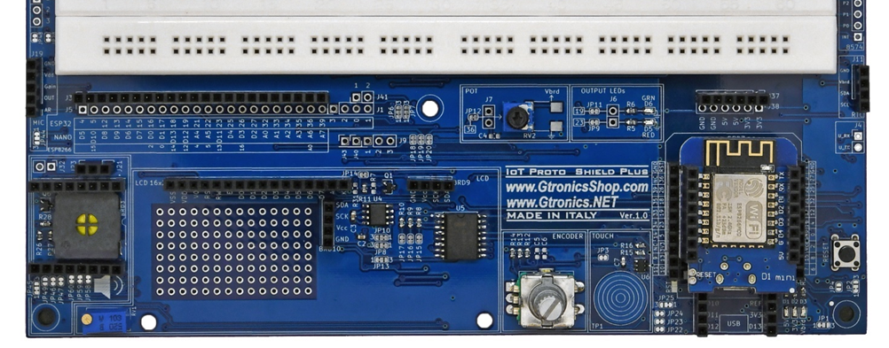 The ESP8266 D1 mini plugged into the IoT Proto Shield Plus