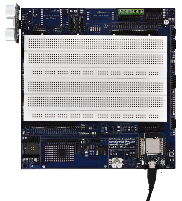 The HC-SR04 sensor module plugged into the IoT Proto Shield Plus