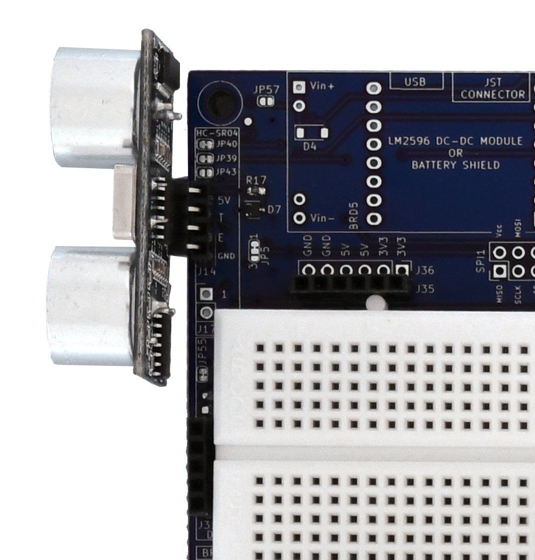 The HC-SR04 sensor module plugged into the IoT Proto Shield Plus