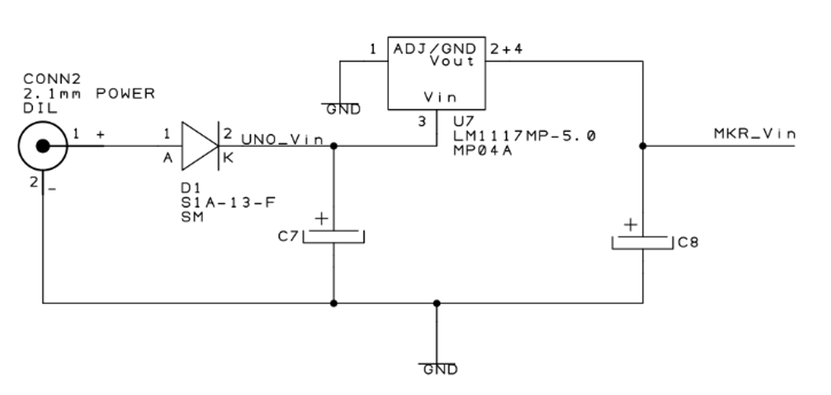 Schematic of the external power supply on the MKR2UNO Plus board