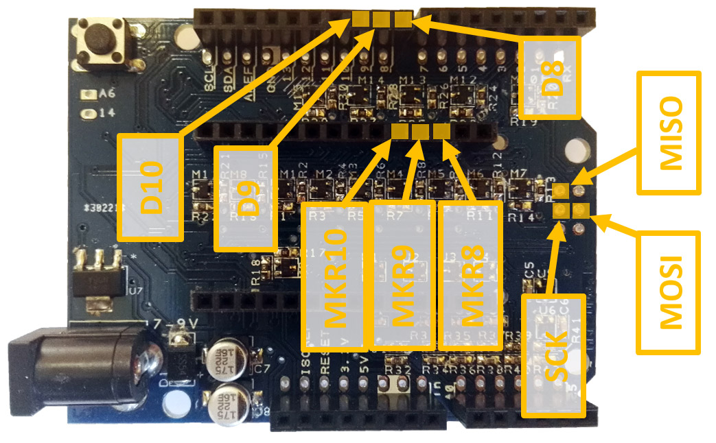 The MKR2UNO Plus MOSI, MISO, SCK, D8, D10, D9, MKR8, MKR10 and MKR9 pins